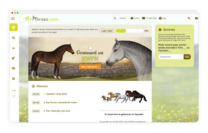 De interface van online paardengame My Horsez